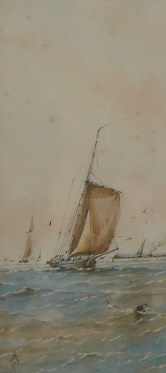 Richmond Markes, watercolour, Fishing boats off the coast, initialled, 27 x 12cm. Condition - poor to fair